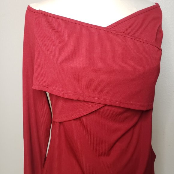 Women's Burgundy Criss Cross On Off Shoulder Top - Picture 2 of 8